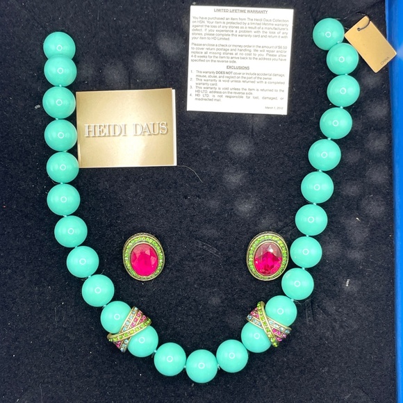 Heidi Daus Signed Turquoise Swarovski Crystal Necklace Pierced Earrings Se BOX - Picture 1 of 16